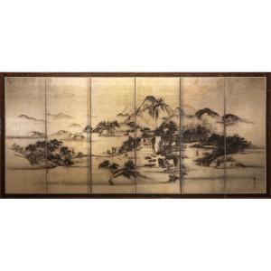 A Six-panel Folding Screen With A Mountain Landscape On A Silver Leaf Ground
