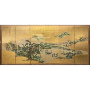 Paravent à six panneaux en feuille d’or animé par des figures de la dynastie Tang