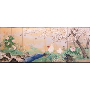 An Eight-panel Silver-leaf Folding Screen Depicting A Spring Scene