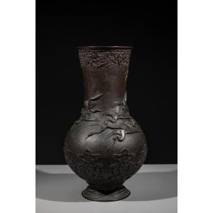 A Bronze Vase With Manchurian Cranes In Relief, Signed Miyao