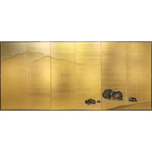 A Six-panel Screen With Magpies And A Riverside Landscape