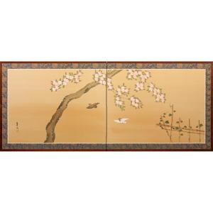 A Two-panel Screen Depicting A Flowering Cherry Branch With Birds