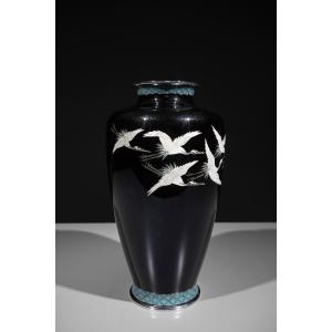 A Cloisonné Vase Depicting A Group Of Manchurian Cranes In Flight