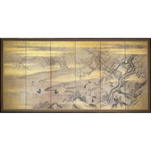 A Six-panel Screen With Red-crowned Cranes, Signed Kanō Eigaku