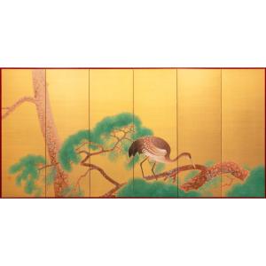 A Six-panel Folding Screen Depicting A Red-crowned Crane On A Pine Tree