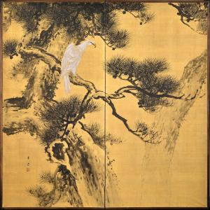 A Two-panel Folding Screen Depicting A Majestic White Eagle