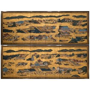 Paire de paravents représentant des vues de Kyoto – Rakuchū Rakugai-zu