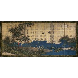 A Six-panel Silver Leaf Folding Screen Depicting A River Landscape