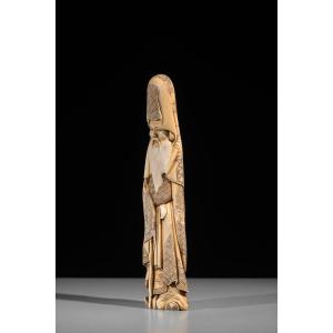 A Marine Ivory Okimono Depicting Jurojin, Signed Gyokuzan