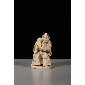 An Ivory Okimono Depicting A Kabuki Actor In The Role Of Benkei, Signed Kanemitsu
