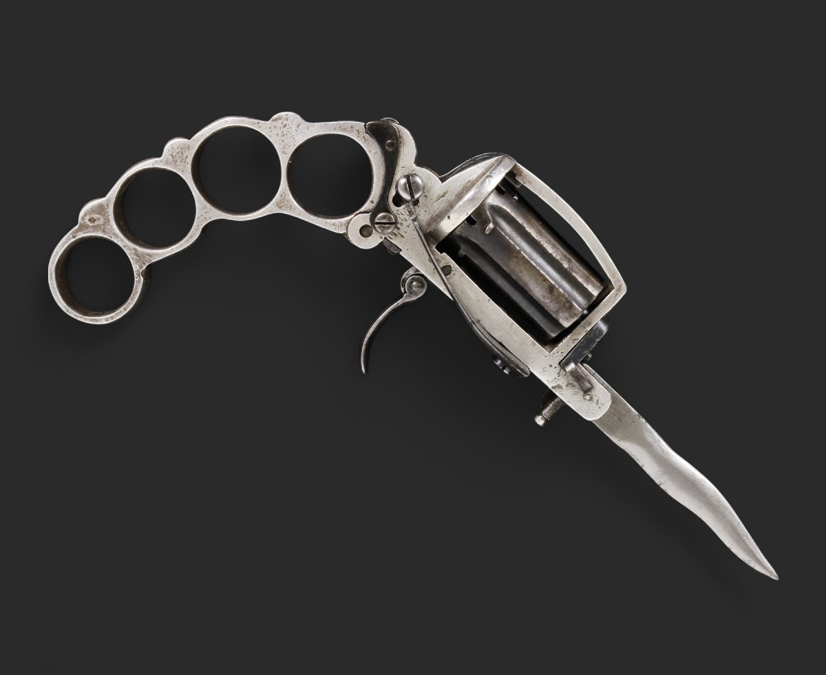 Revolver « Apache » Fabriqué à Liège, Vers 1870. Poignée Et Carcasse En Argent Massif.-photo-3
