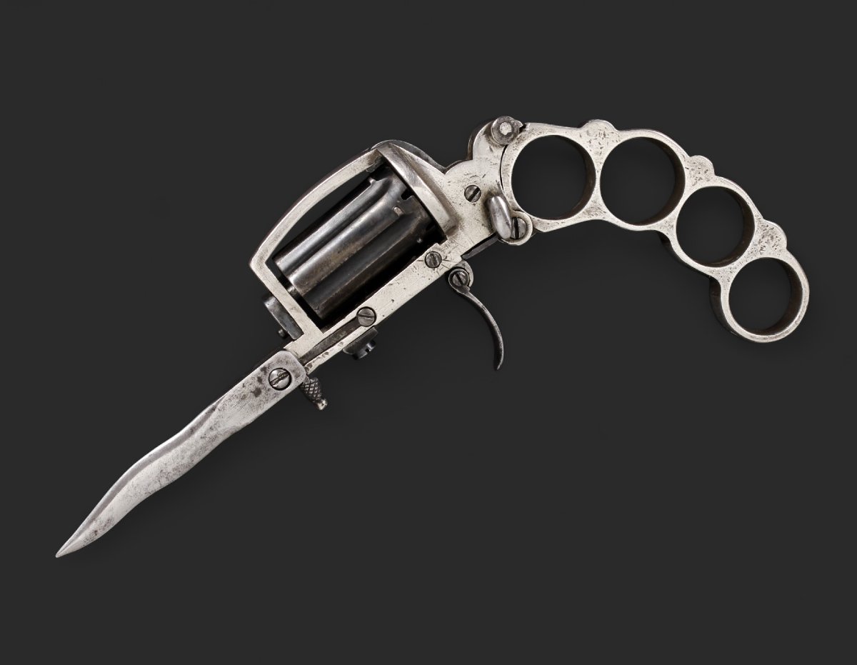 Revolver « Apache » Fabriqué à Liège, Vers 1870. Poignée Et Carcasse En Argent Massif.-photo-4
