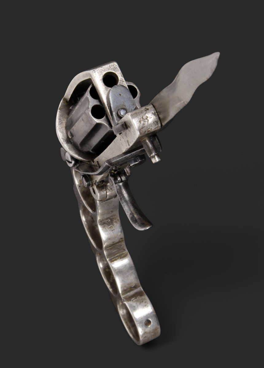 Revolver « Apache » Fabriqué à Liège, Vers 1870. Poignée Et Carcasse En Argent Massif.-photo-3
