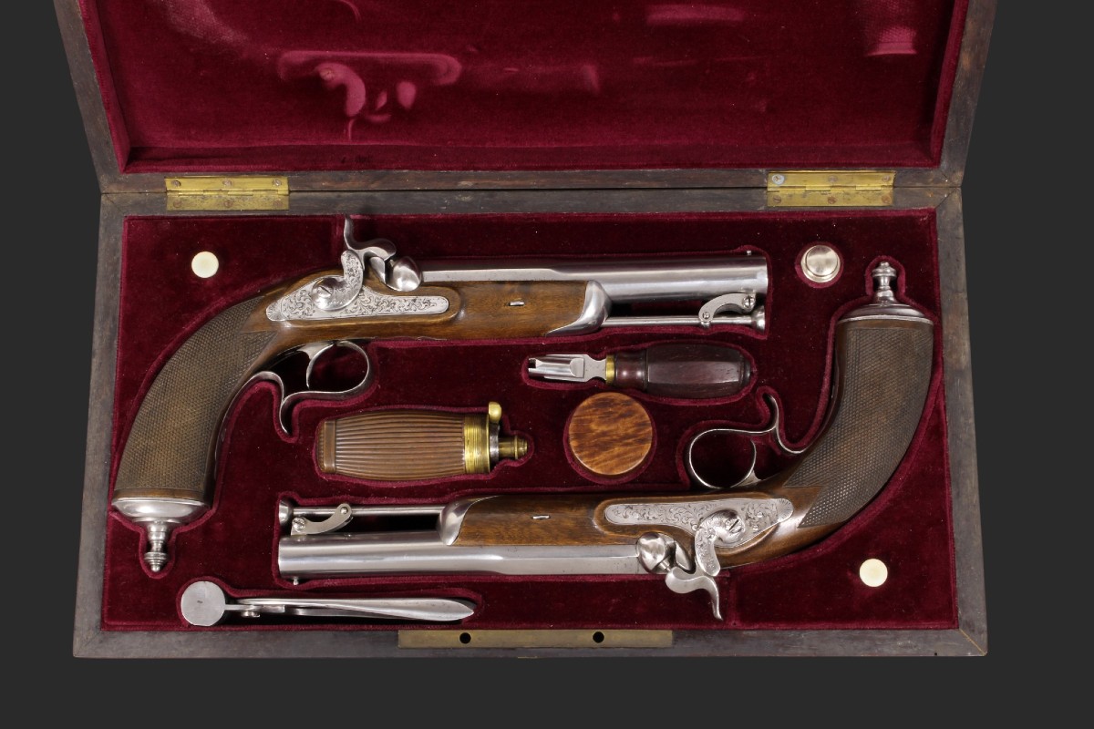 Cased Pair Of Percussion Pistols, Signed A Camus In Paris, France, Circa 1845.