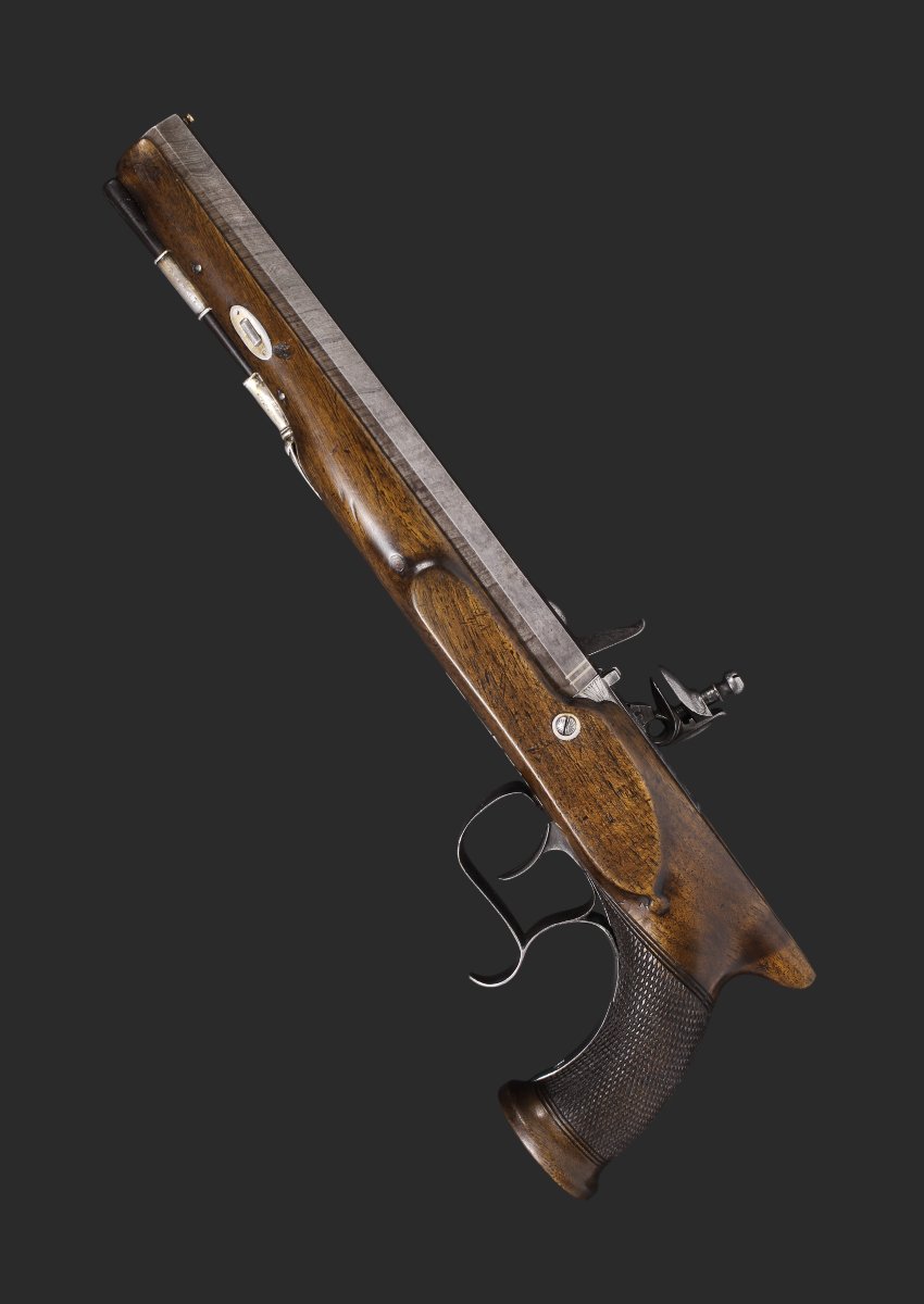 Pistolet à silex « SAW-HANDLED », signé McDermot.  Vers 1800.-photo-3