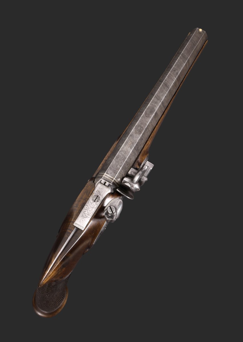 Pistolet à silex « SAW-HANDLED », signé McDermot.  Vers 1800.-photo-4