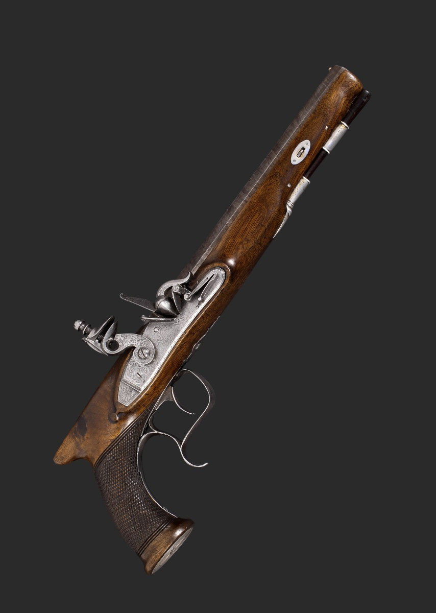 Pistolet à silex « SAW-HANDLED », signé McDermot.  Vers 1800.