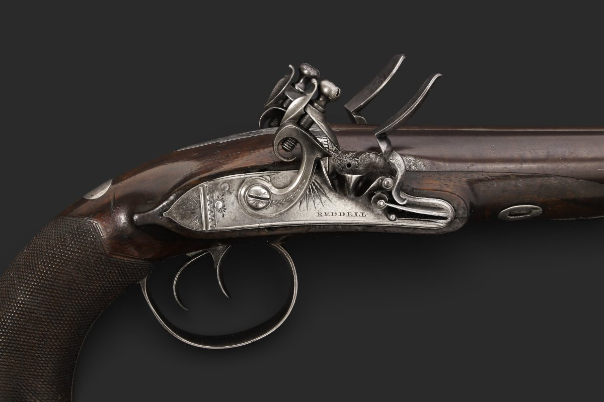 Pistolet anglais à silex à double canon, par Reddell, vers 1810-photo-4