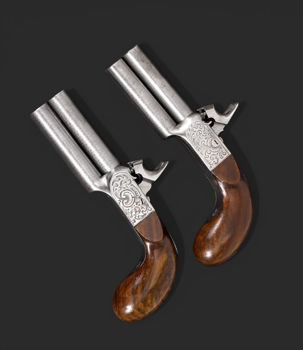 Paire de pistolets à percussion à double canon et damasquinés, vers 1850.-photo-2