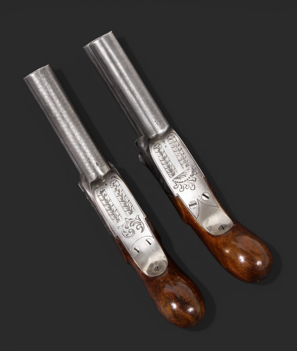 Paire de pistolets à percussion à double canon et damasquinés, vers 1850.-photo-4