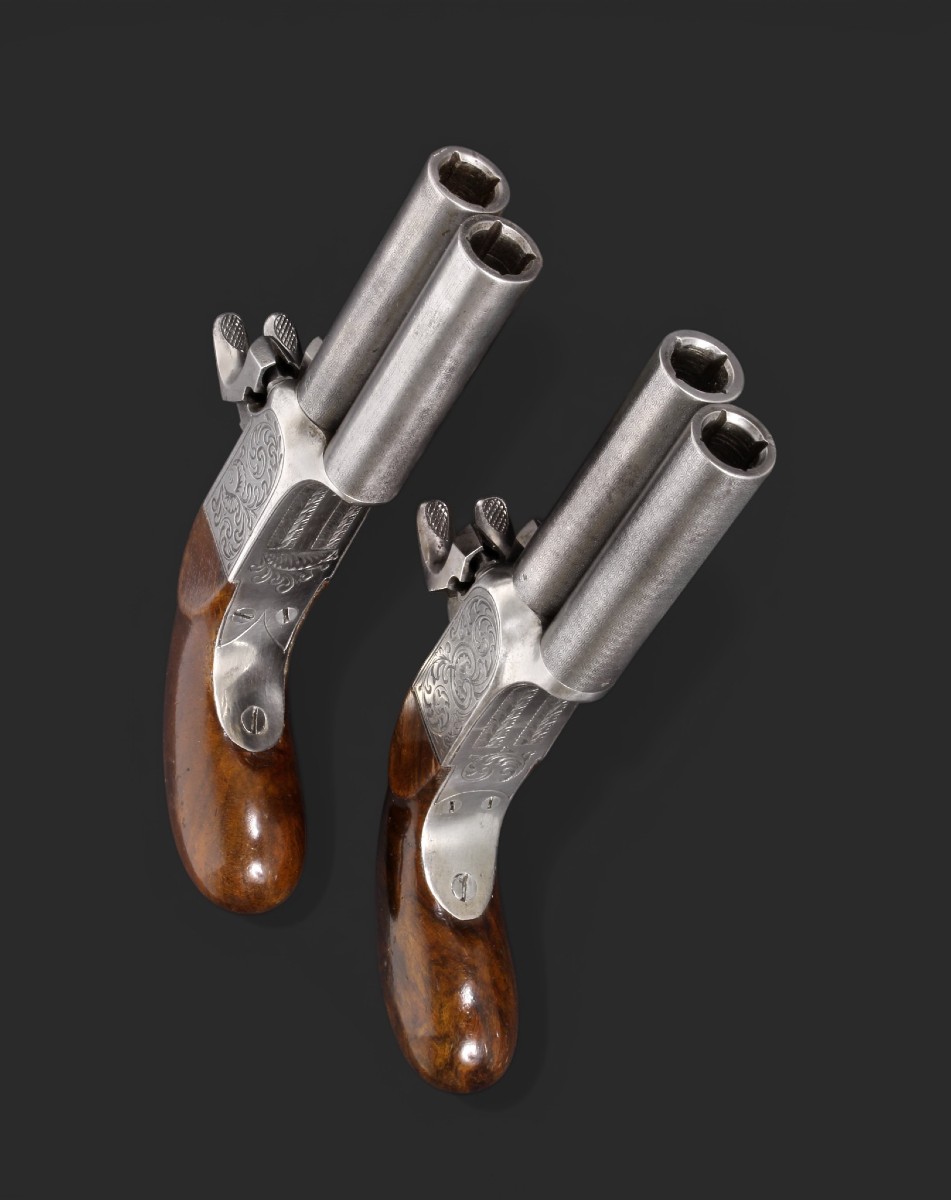 Paire de pistolets à percussion à double canon et damasquinés, vers 1850.-photo-1