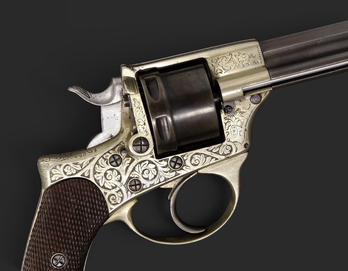 Revolver belge Pirlot Frères à Liège, carcasse en maillechort, daté 1872, calibre 11 mm.-photo-3
