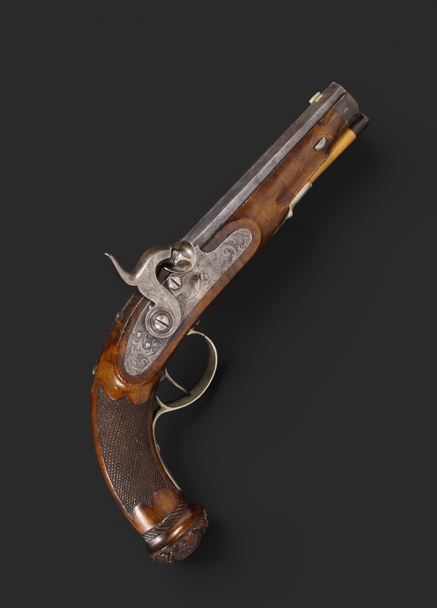 Pistolet allemand à percussion, signé « E. Bauer in Cronach », à double sûreté. Milieu XIXᵉ s.