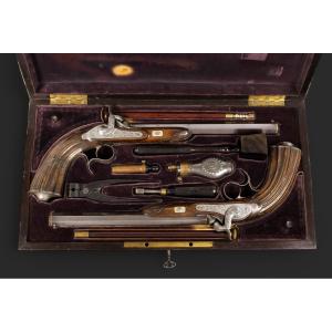 Coffret de pistolets Suisses de duel à percussion, par Valentin Sauerbrey In Basel, vers 1850.