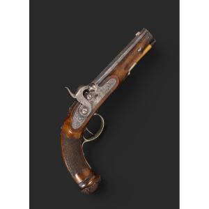 Pistolet allemand à percussion, signé « E. Bauer in Cronach », à double sûreté. Milieu XIXᵉ s.