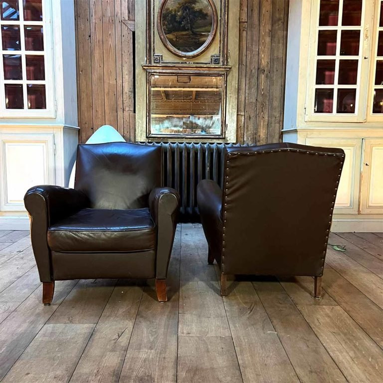Pair Of Club Armchairs (reupholstered Leather)-photo-2