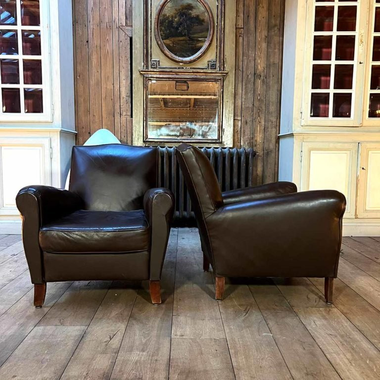 Pair Of Club Armchairs (reupholstered Leather)-photo-3