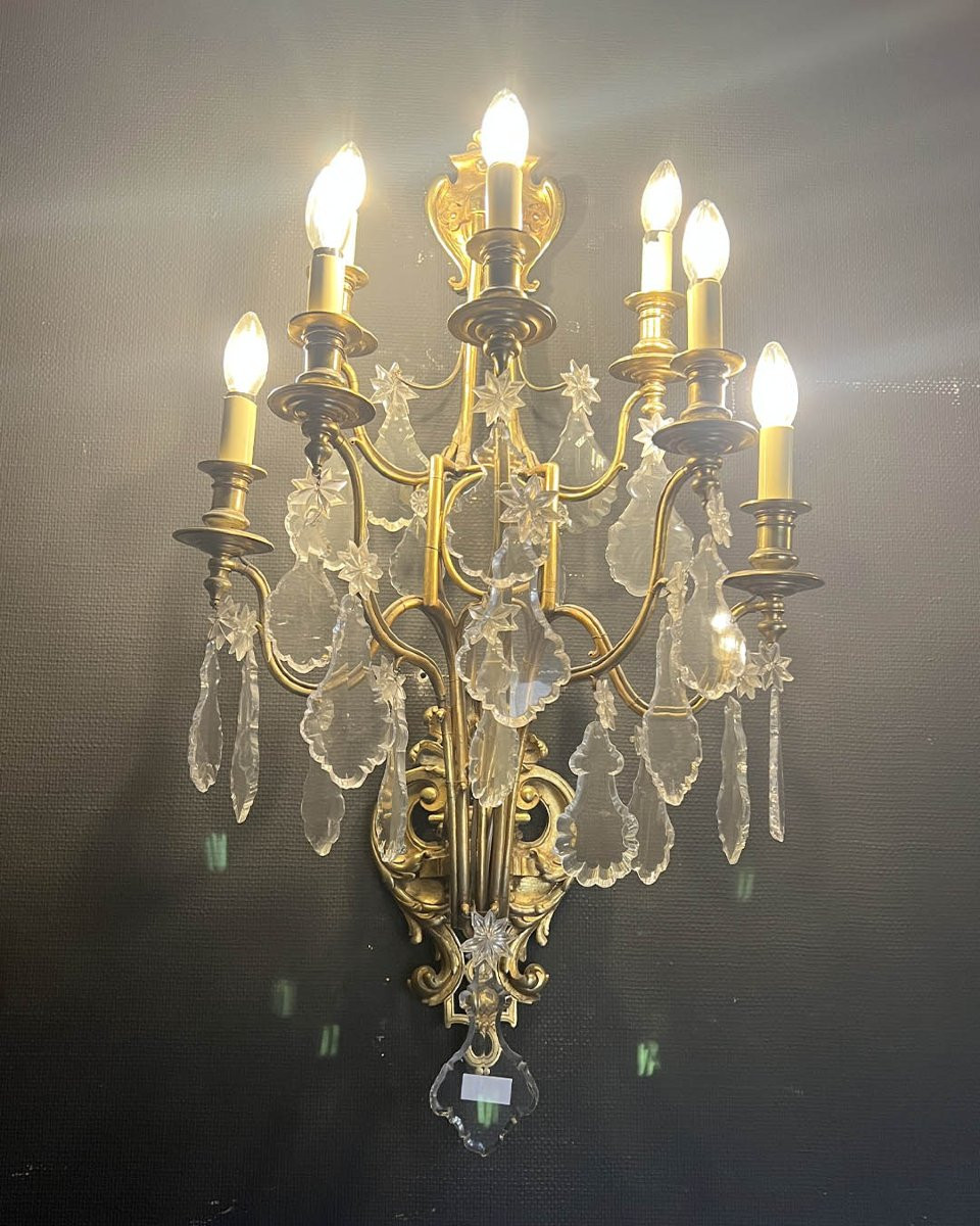 Paire D’appliques En Bronze Doré Et Verre Taillé-photo-2
