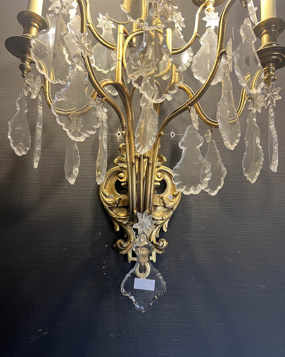 Paire D’appliques En Bronze Doré Et Verre Taillé-photo-3