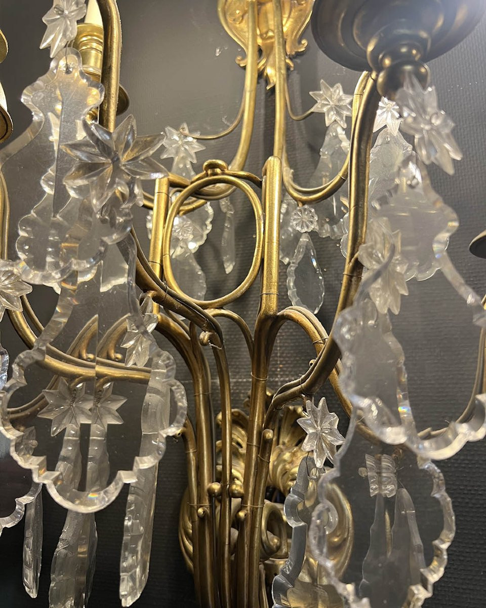Paire D’appliques En Bronze Doré Et Verre Taillé-photo-4