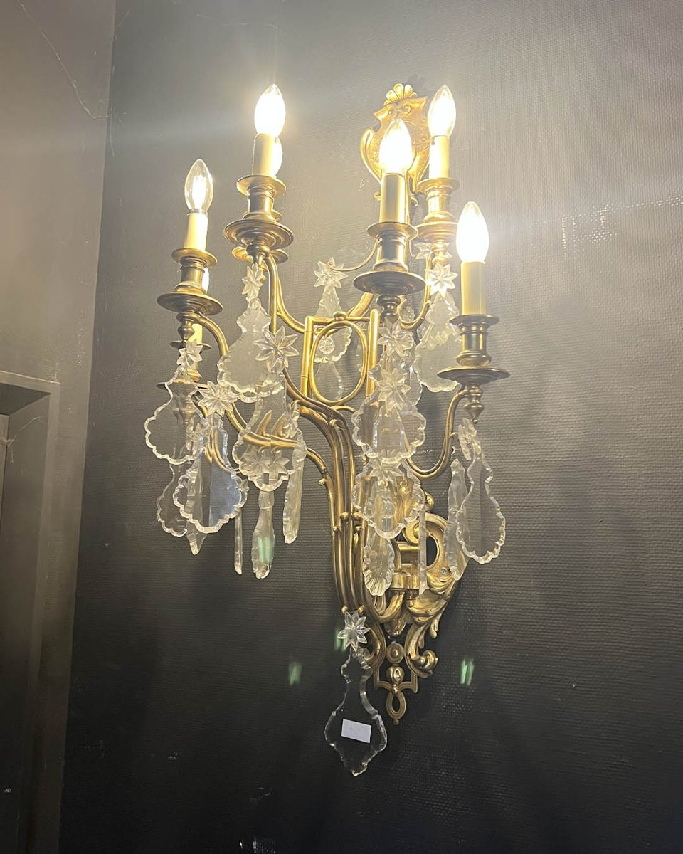 Paire D’appliques En Bronze Doré Et Verre Taillé-photo-1