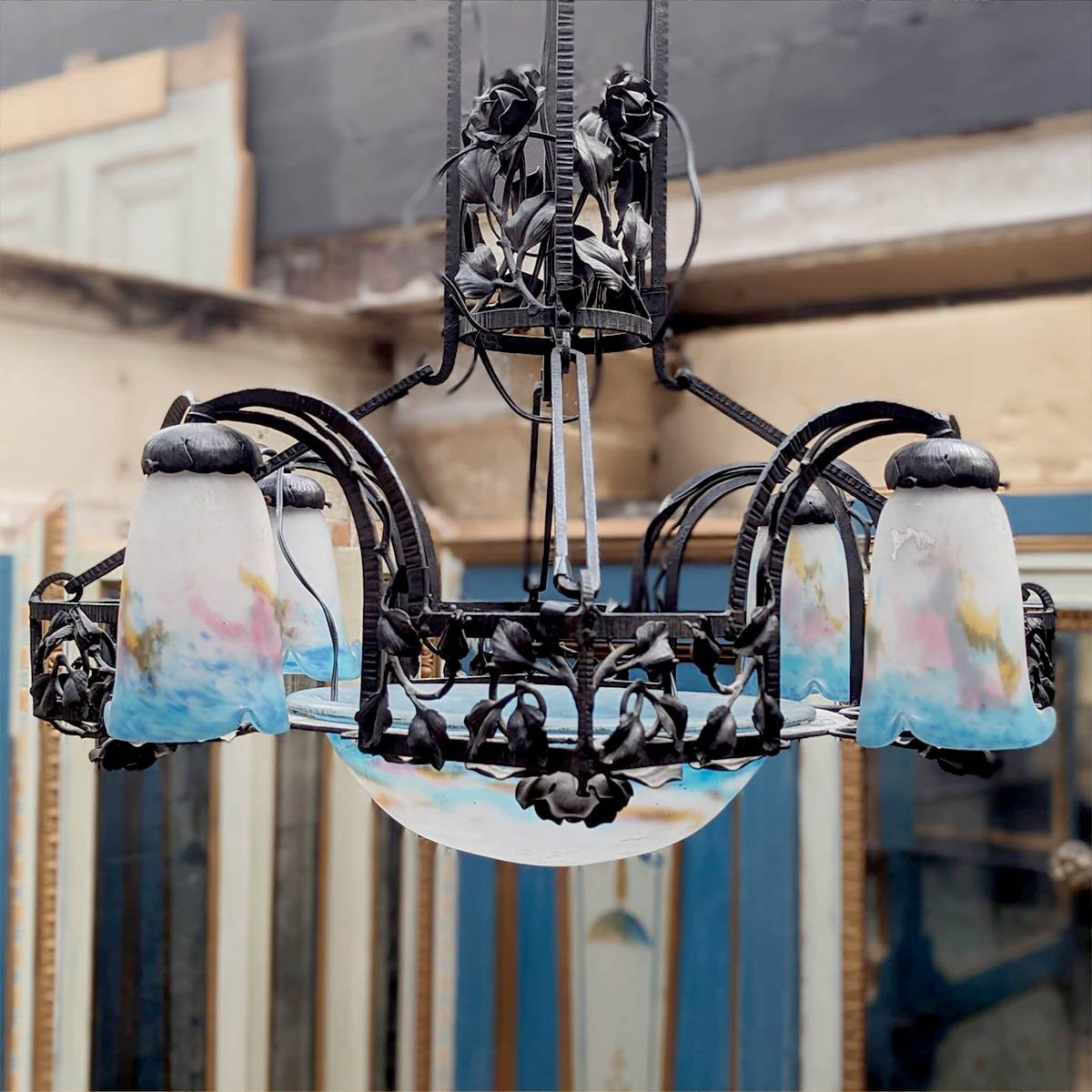 Chandelier With Wrought Iron Frame, Muller Frères-photo-4