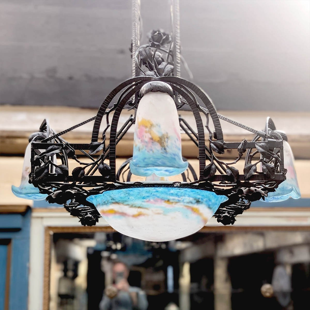 Chandelier With Wrought Iron Frame, Muller Frères