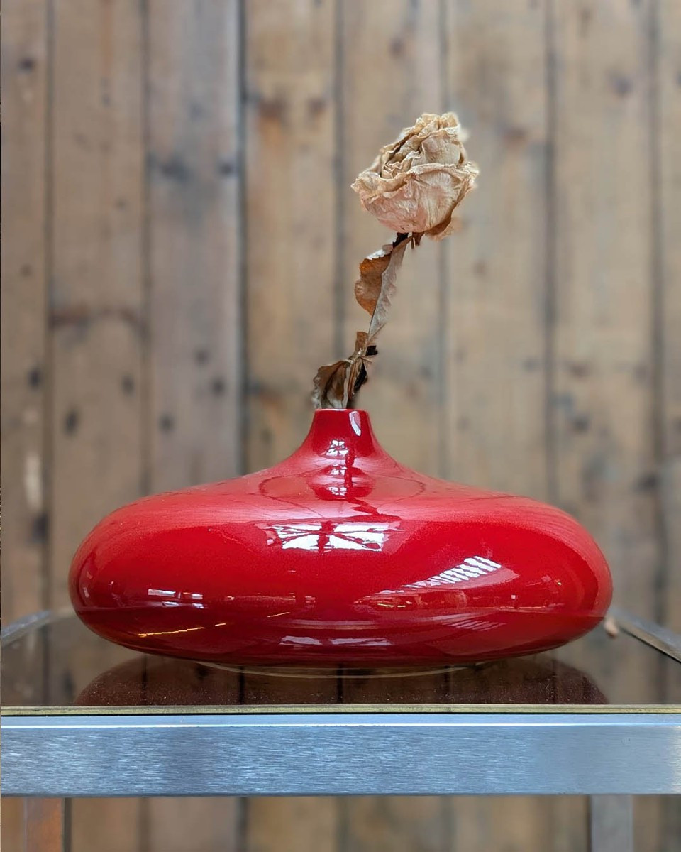 Pair Of Red Lacquered Ceramic Vases
