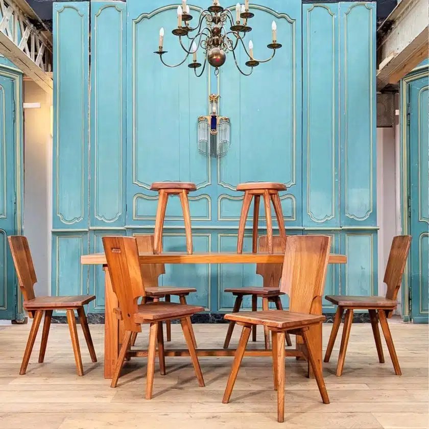 Pierre Chapo Set, 6 S28 Chairs, T01d Table And Pair Of Stools-photo-3