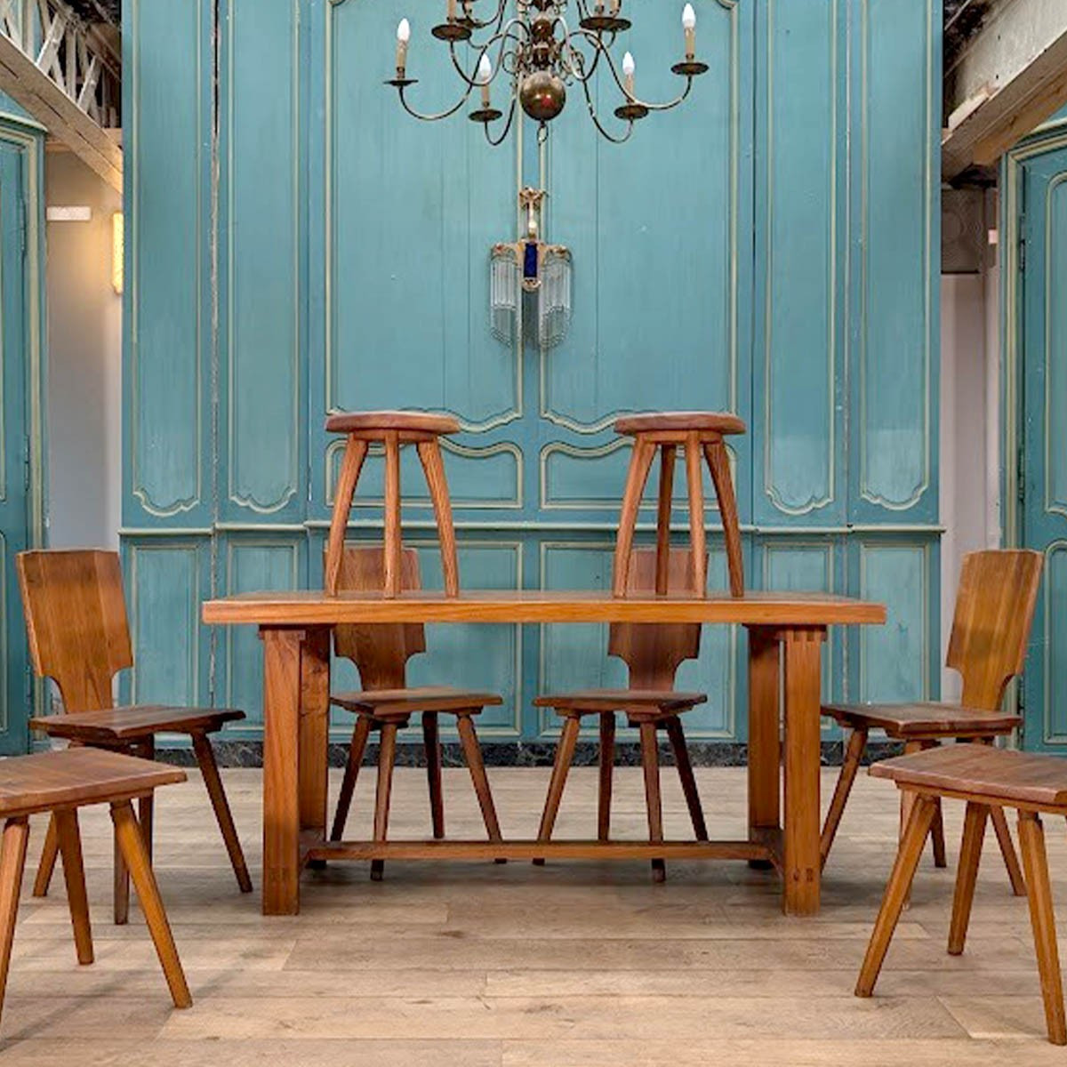 Pierre Chapo Set, 6 S28 Chairs, T01d Table And Pair Of Stools