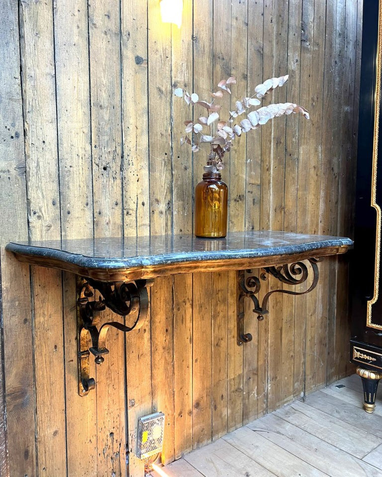 Pair Of Ironwork And Black Marble Consoles