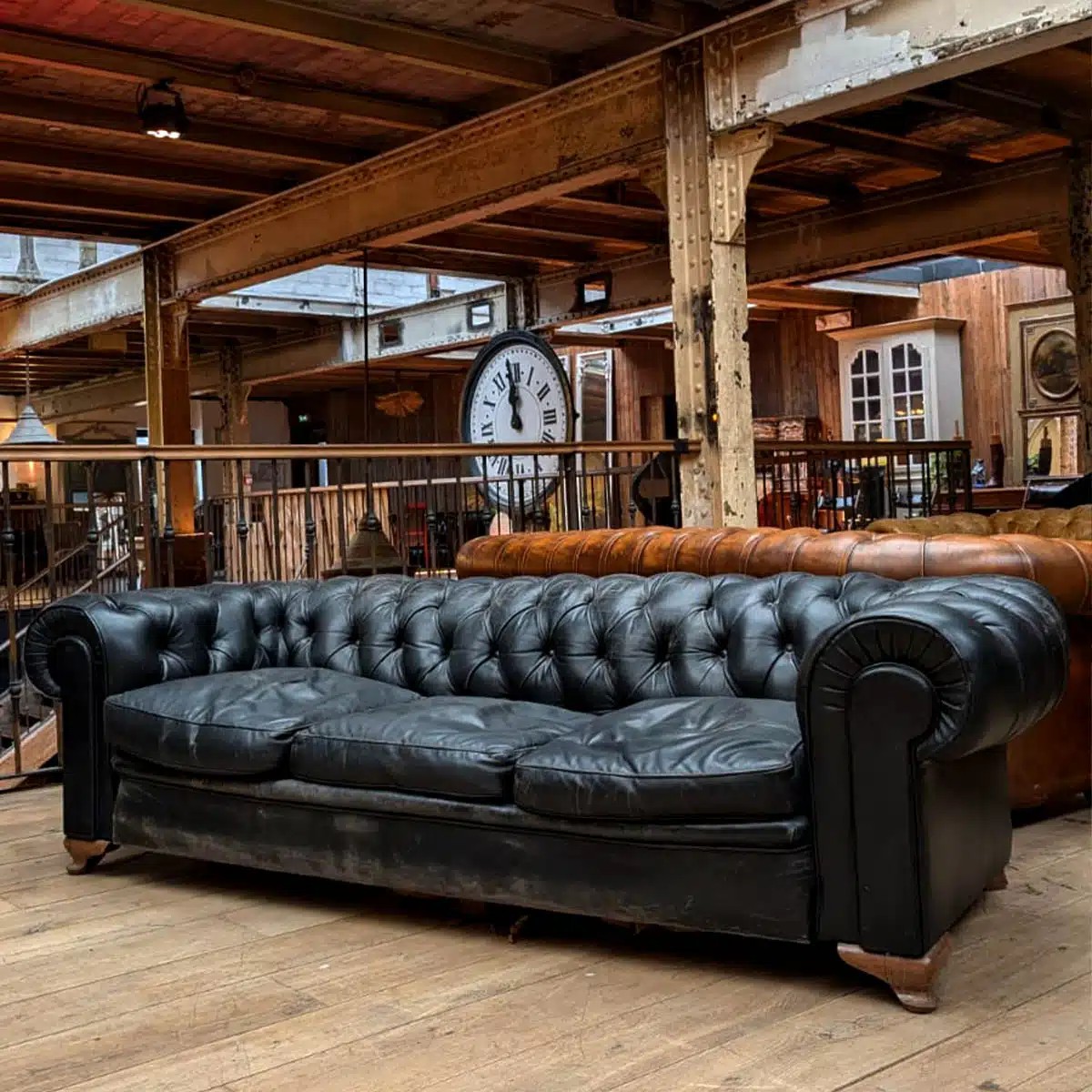 Antique Chesterfield Sofa In Black Leather
