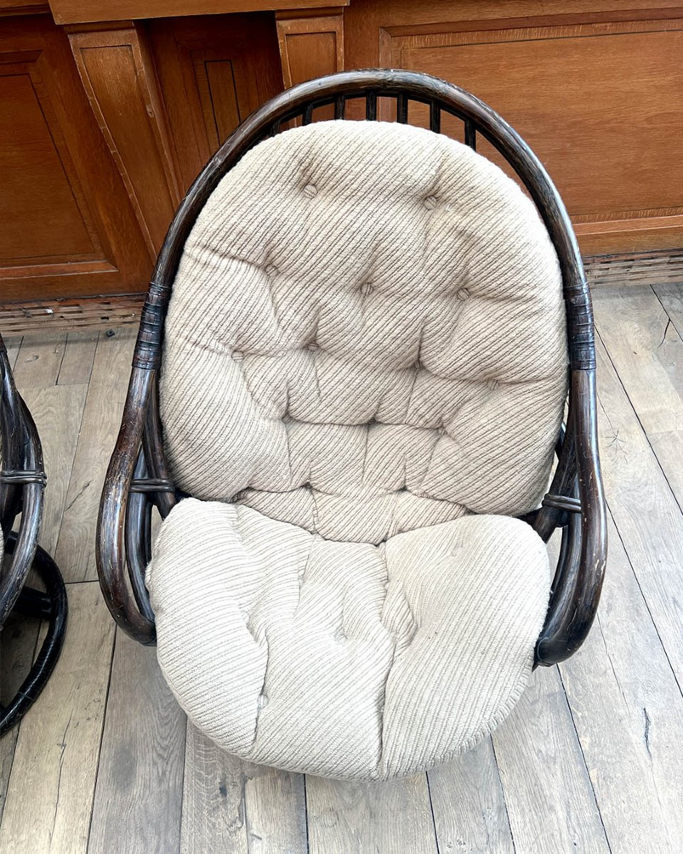 Pair Of Blackened Rattan Armchairs With Beige Tufted Cushions-photo-2