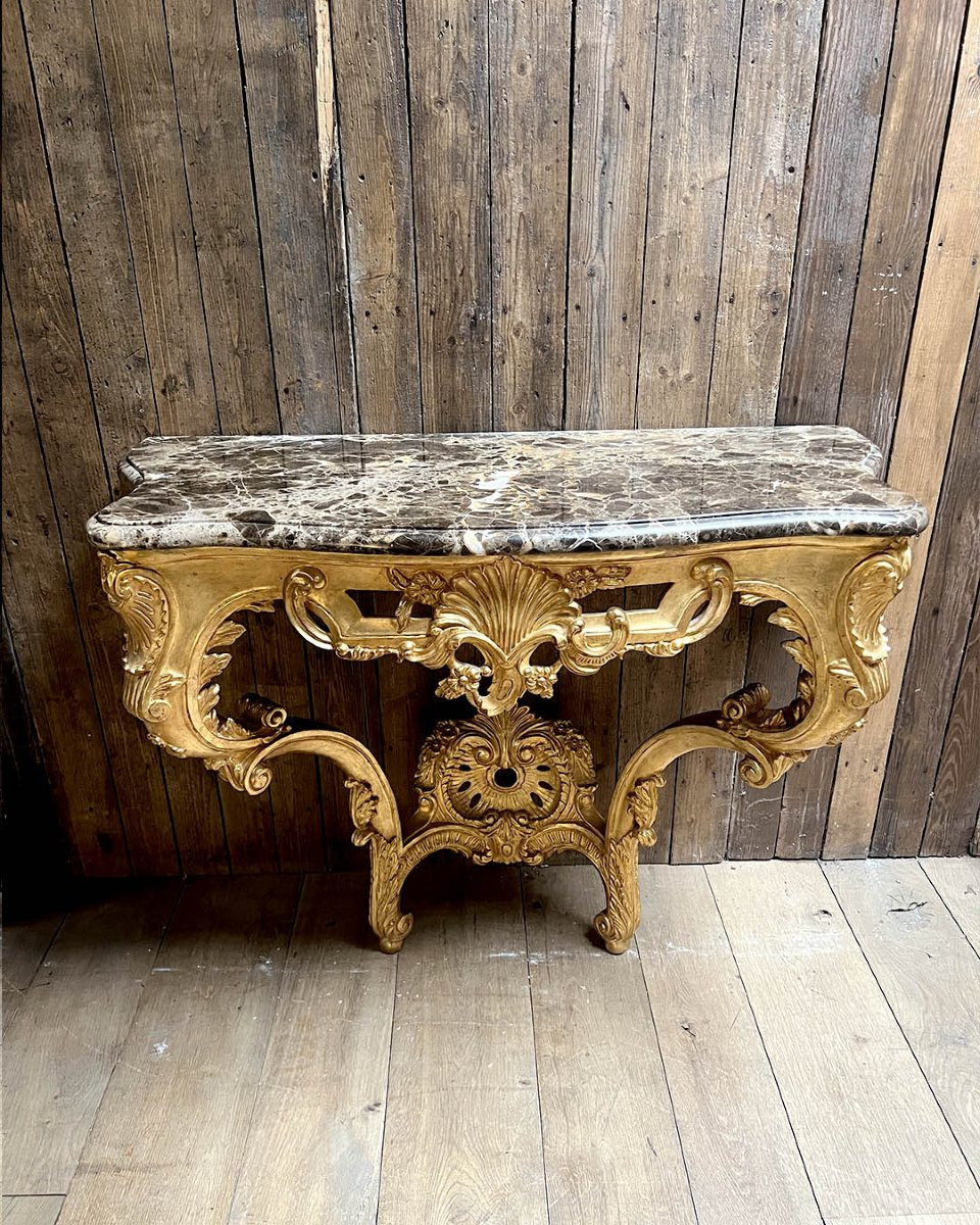 Console en bois mouluré, plateau marbre d'esprit Louis XV-photo-1
