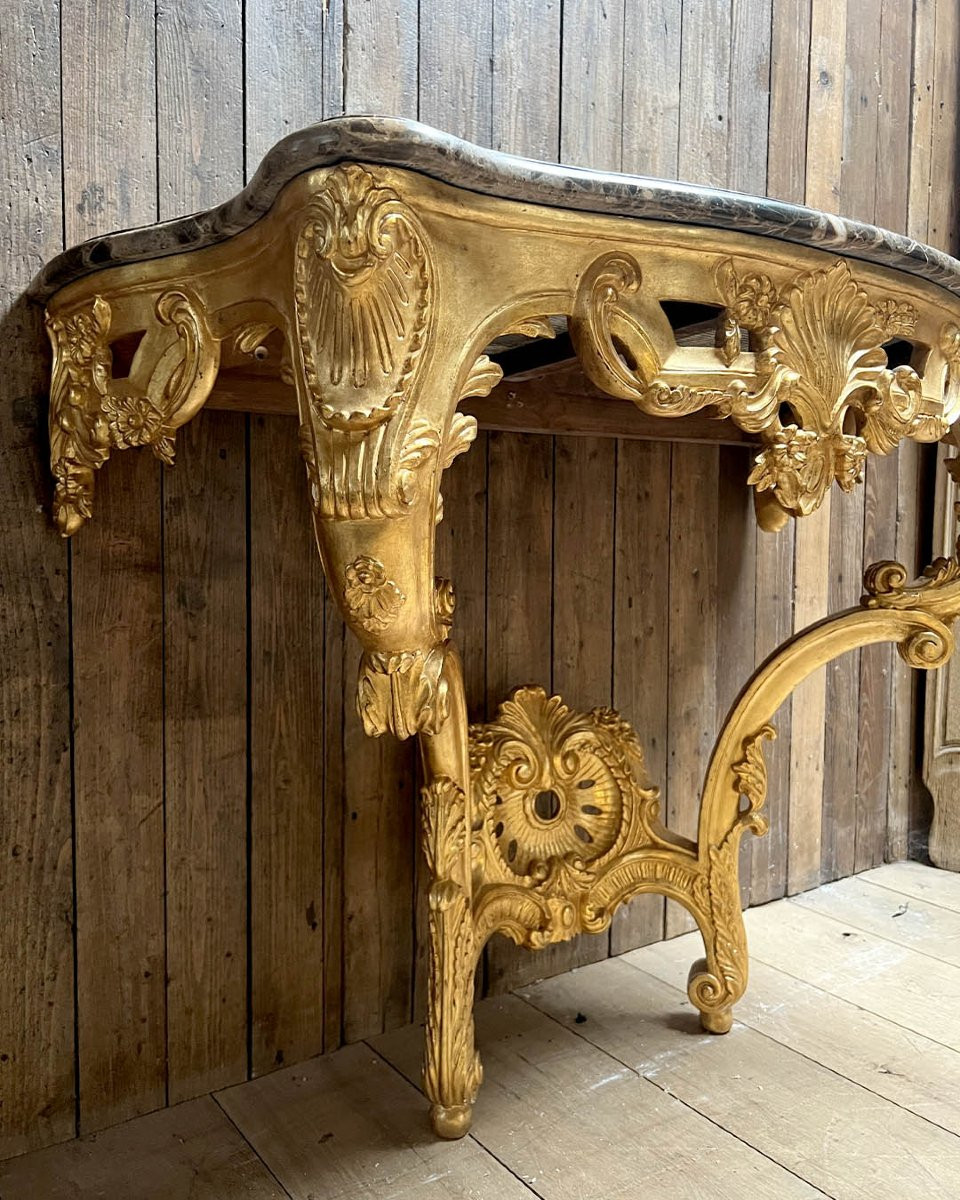 Console en bois mouluré, plateau marbre d'esprit Louis XV-photo-4