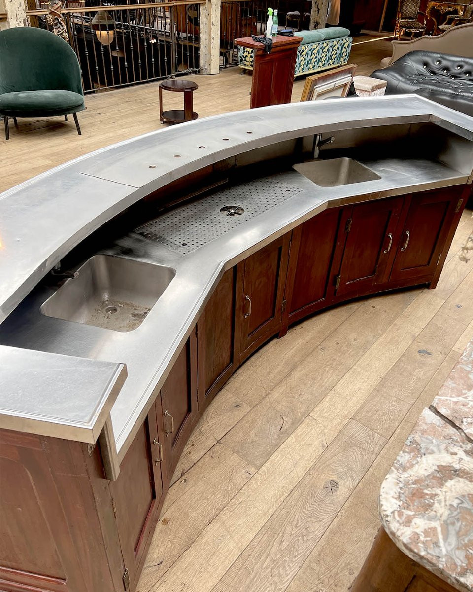 Bar arrondi avec plateau et plinthe inox, circa 1930-photo-5