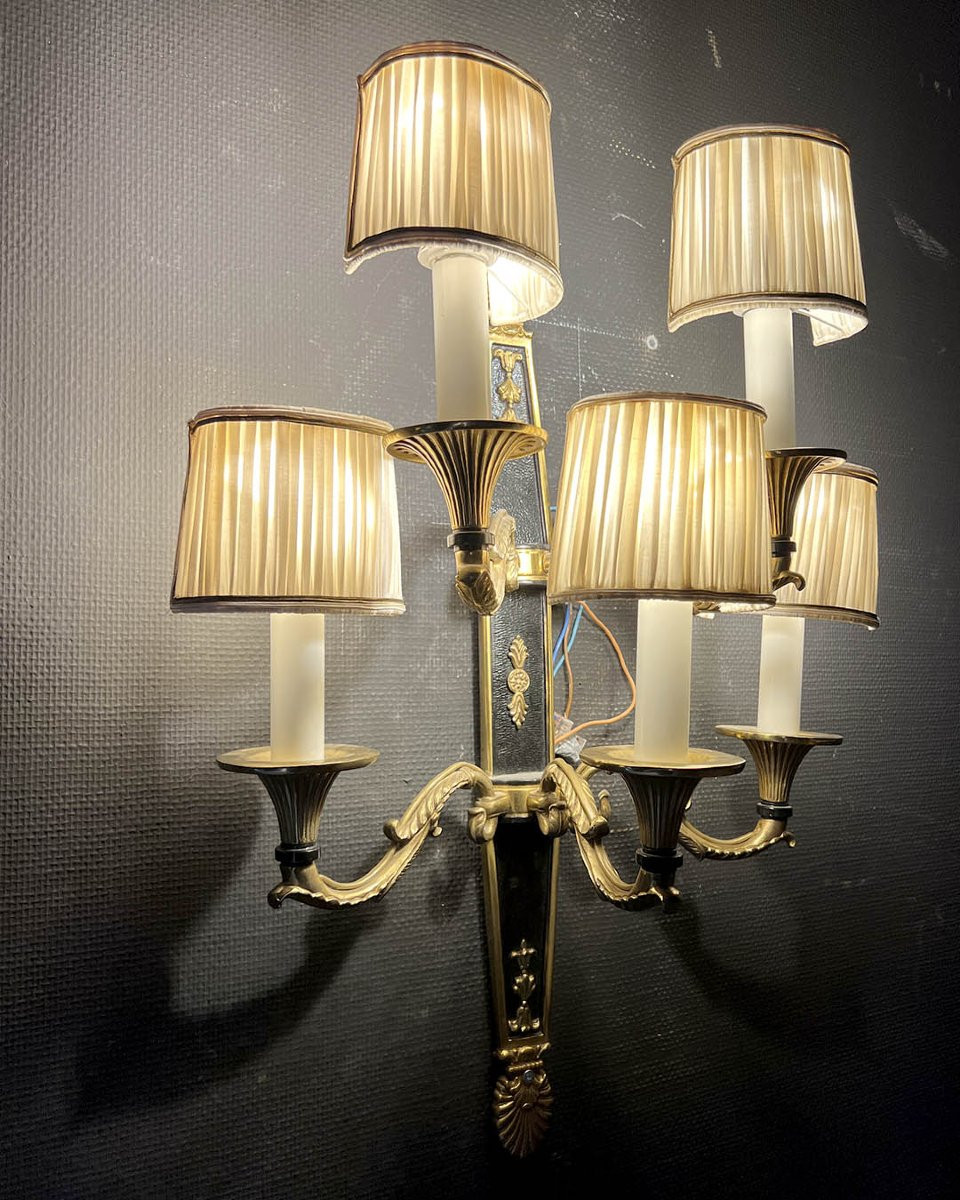 Paire d’appliques en bronze patiné et bronze doré à cinq bras-photo-2