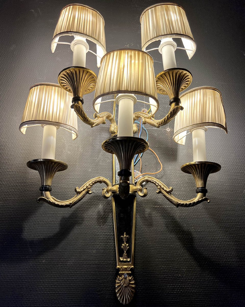 Paire d’appliques en bronze patiné et bronze doré à cinq bras-photo-3