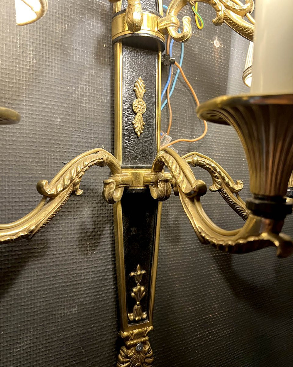 Paire d’appliques en bronze patiné et bronze doré à cinq bras-photo-1
