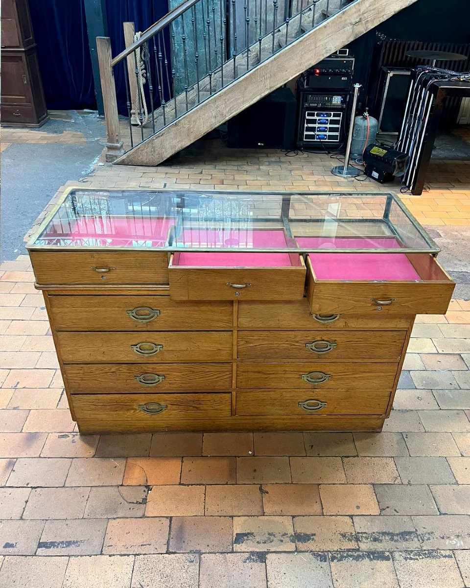 Antique Oak Shop Counter With Glass Top-photo-3